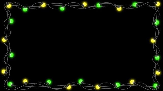Abstract horizontal colorful lights blinking animation on black background Merry Christmas lights bulb frame border, Empty frame blinking border