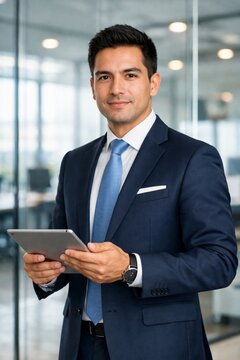 Portrait of adult professional business man holding digital tablet standing in company office.