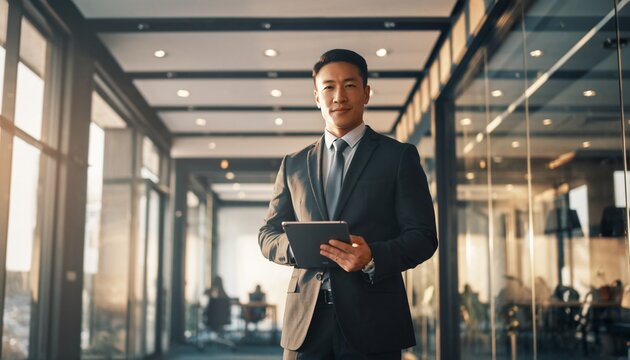 Portrait of adult professional business man holding digital tablet standing in company office.