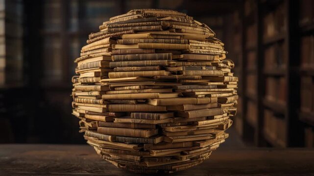 Stack of antique books forming vintage spherical sculpture evoking warm library nostalgia