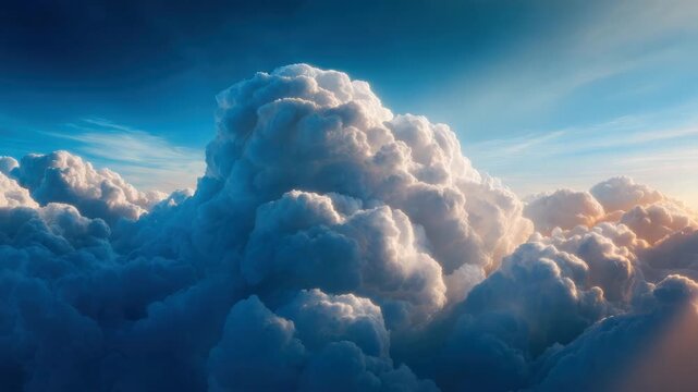 Fluffy cumulonimbus cloud formation sunrise with soft golden light and deep blue sky, dramatic aerial atmosphere conveying calm and awe fluffy cumulus cloud formation lit by golden sunlight with deep