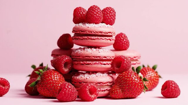 Pink macarons stacked with fresh red raspberries falling and ripe strawberries on a soft pastel background sweet dessert treat