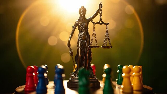 A bronze statue of Lady Justice stands on a table amidst colorful pawns with a dramatic, cinematic lighting effect in the background, symbolizing awareness of justice on International Women's Day.
