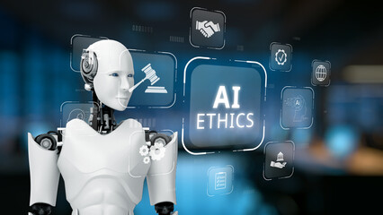 A futuristic robot stands in a high-tech environment, symbolizing the critical dialogue around AI ethics, showcasing digital icons representing responsibility and innovation. Synapse © InfiniteFlow