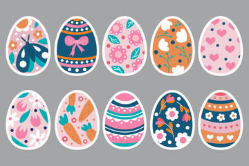 Collection of stickers with decorated Easter eggs