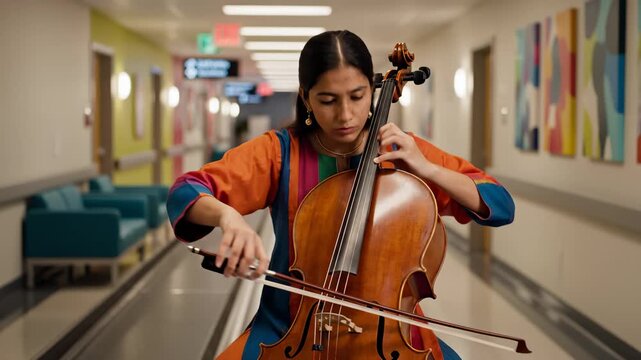 Young Woman Playing Cello Musically in Bright Modern Hospital Corridor