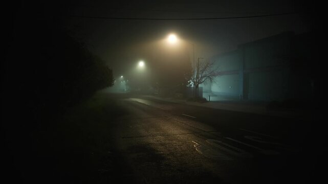 Foggy empty street at night with glowing streetlights, cinematic urban road covered in mist creating moody atmosphere and dramatic night scene
