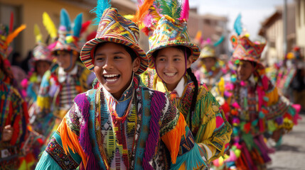 Fototapeta premium Fiesta de la Virgen de la Candelaria, Smiling children wearing traditional Andean costumes during Fiesta de la Virgen de la Candelaria parade in Puno Peru
