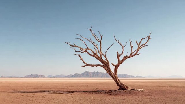 Lonely dead tree in dry plain desert landscape with barren arid plain and distant mountain range under blue sky evoking solitude emotion calm isolation resilience