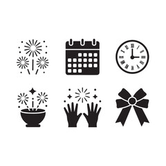 Minimalist New Year Vector Icon Set Fireworks, Clock, and Celebration Symbols