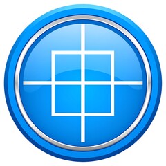 Glossy blue button graphic with a silver border and a white crosshair design in the center