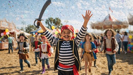 Fototapeta premium Boy in pirate costume celebrating at carnival with confetti. Happy children playing at outdoor fairground festival. Childhood imagination and fun concept