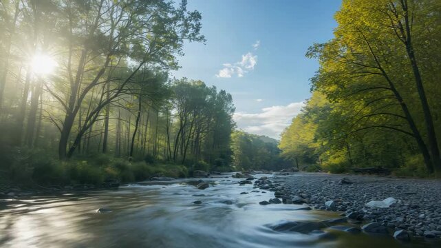 Sunlit river through lush forest with misty morning light and smooth flowing trees stream