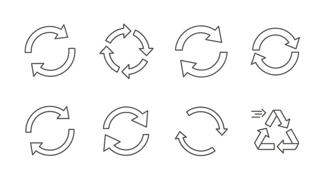 A collection of line art icons depicting various circular arrows for refresh, reload, and recycling symbols on a white background.