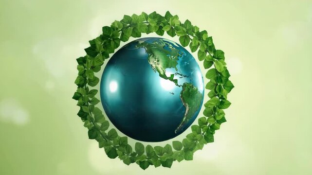 Green earth globe wrapped by leaf wreath symbolizing environmental protection and conservation