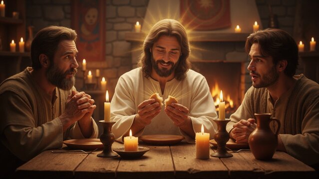 Jesus Christ breaking bread with disciples by fireplace. Biblical scene of fellowship and divine blessing in warm candlelit room. Christian religious art