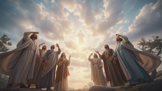 Ascension of Jesus Christ into heaven. Biblical scene of disciples watching Jesus rise into clouds. Religious concept of faith and miracle. Ancient people in robes looking at sky
