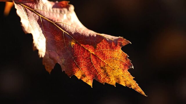 Autumn leaf with fiery veins resting against a deep velvety black backdrop