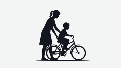 Obraz premium Mother teaching her young child to ride a bicycle.