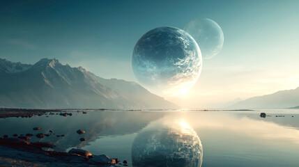 Giant Planets Rising Over Mirror Lake &mdash; Cinematic Sci-Fi
