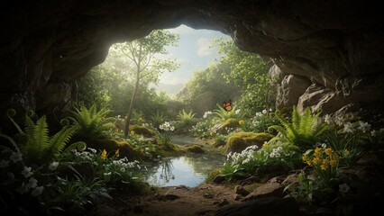 Obraz premium View from inside dark cave looking out to sunlit garden with pond. Lush forest landscape with spring flowers and butterfly. Secret garden concept
