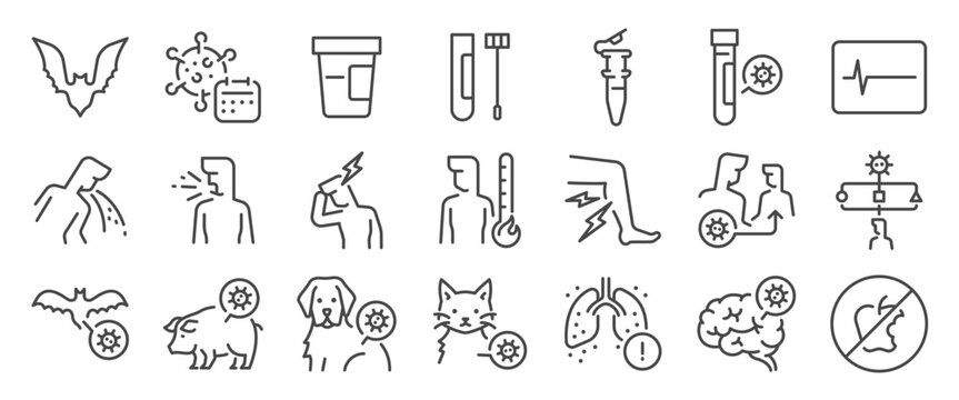 Nipah virus icon set. It included NiV, henipavirus, zoonotic disease, infection, outbreak, and more icons. Editable Vector Stroke.