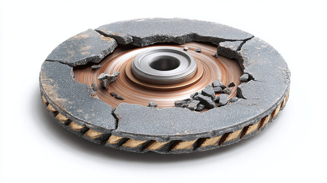 Damaged brake disc showing severe cracking and wear, revealing its inner structure. A close-up view
