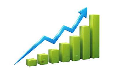 Increasing trend graph with green bars and blue arrow isolated on transparent background