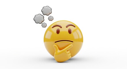 Naklejka premium Yellow thinking face emoji with puzzled expression and thought bubbles on white background symbolizing confusion and doubt