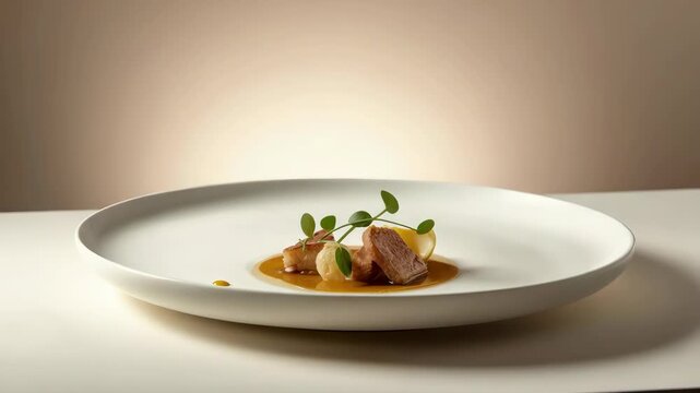 Seared pork medallion with sauce and microgreens on minimalist white plate elegant plated dish