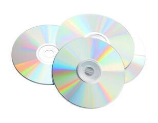 Four reflective, shiny circular disks are scattered against a blank white backdrop