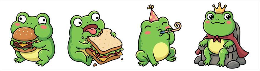 Cute frog sticker set with funny green character eating burger and sandwich, celebrating birthday with party horn, and sitting on throne as king with crown and royal cape in kawaii style.