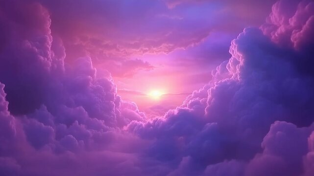 Beautiful glowing purple sky filled with radiant light rays shining through soft dramatic clouds, atmospheric fantasy background, vibrant violet tones, dreamy celestial atmosphere, luminous cloud form