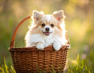 Fluffy long-haired dog, smiling, perched inside woven basket, outdoors in natural light