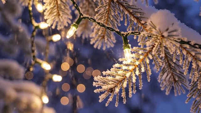 Delicate warm-white holiday lights drape a snow-laden pine branch in a quiet forest scene