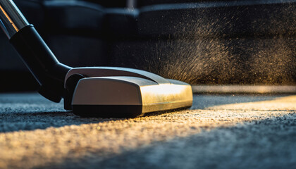Naklejka premium Powerful vacuum cleaner working diligently on carpet, effectively removing dust and particles for a cleaner home environment