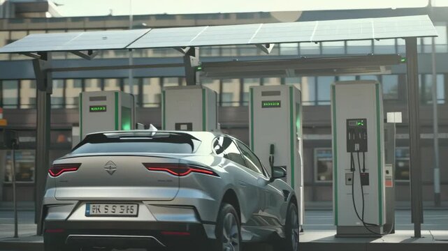 Modern Electric Vehicle Charging Station with Solar Panel Canopy in Urban Environment for Sustainable Transportation Solutions