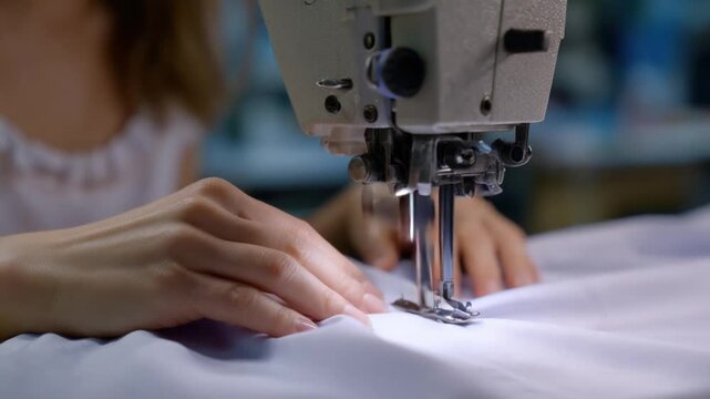 Needlecraft Precision: The image shows the meticulous hands of a seamstress expertly guiding fabric through a sewing machine, creating a masterpiece. capturing the dedication and artistry
