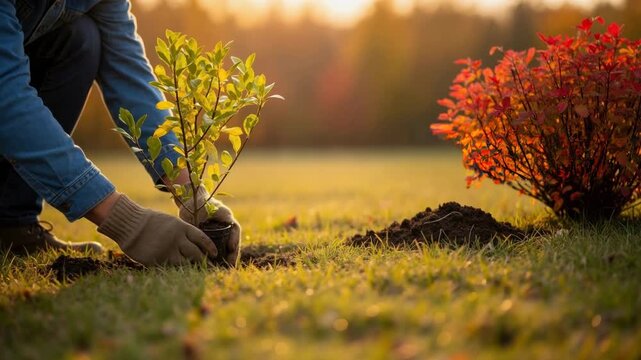 Person planting a young tree sapling in the garden at sunset. Hands in gloves holding a small plant for reforestation. Environmental conservation and growth concept