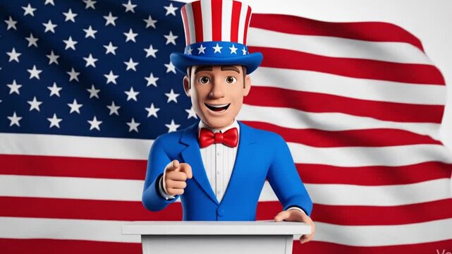 Patriotic cartoon character dressed as Uncle Sam speaking at podium with American flag background representing democracy election campaign and national leadership con