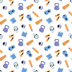 Various Sport equipment. Fitness inventory, gym accessories. Kettlebell, dumbbell, stopwatch, water bottle, scales, and tracker