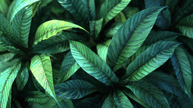 An up-close view of lush green leaves, showcasing their intricate textures and natural beauty. The vibrant colors create a sense of freshness and serenity.