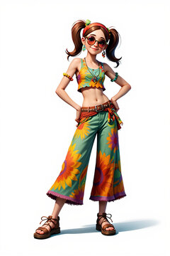 A vibrant cartoon girl in retro sunflower attire exudes playful summer vibes