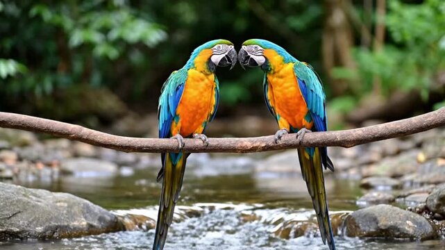 Two colorful macaw parrots touching beaks on tree branch above river representing wildlife love tropical nature and vibrant exotic bird photography