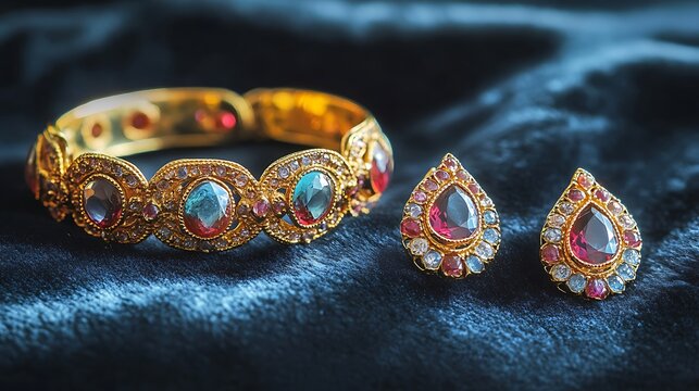 Luxurious antique gold bangle bracelet intricately set with dazzling red and blue gemstones resting beside a matching pair of ornate teardrop earrings on dark velvet