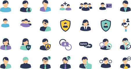 Fototapeta premium User Profile and Account Management Icon Set Featuring People Avatars, Security, Privacy, Access Control, Team Roles, and Digital Identity Concepts