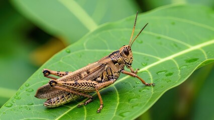 Detailed close-up of a grasshopper resting on a vibrant green leaf in its natural habitat