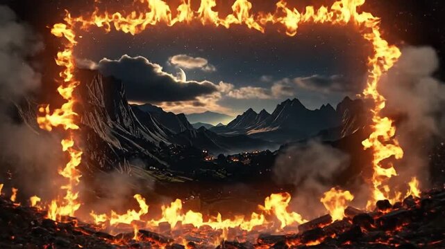 Dramatic mountain landscape with a fiery frame, creating a captivating and intense visual effect.