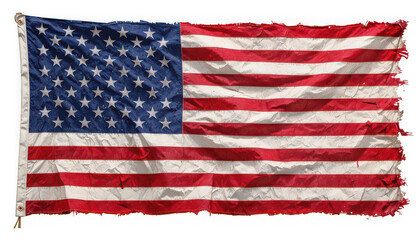 Obraz premium Tattered american flag with frayed edges and worn fabric on white background symbolizing patriotism and nostalgia