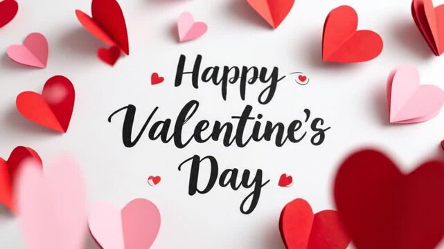 Festive Valentine's Day background with scattered paper hearts and elegant script lettering.